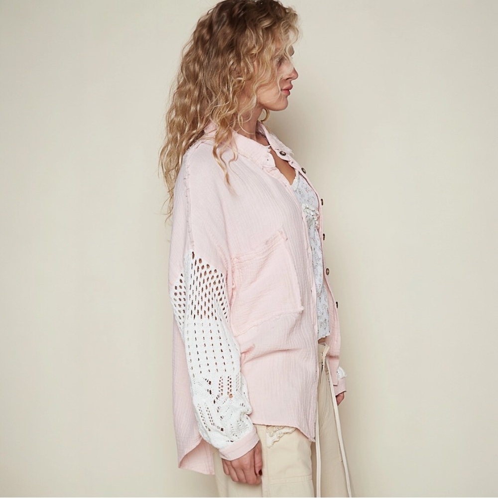 POL Oversize Button Down Sweater Sleeve Gauze Shirt - Picture 6 of 7